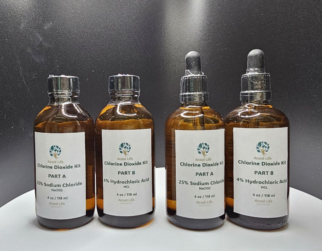 Chlorine Dioxide Water Purification Solution Set of 2 (Glass Bottles)  - 4 Oz/118ml