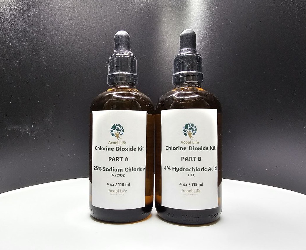 Chlorine Dioxide Water Purification Solution Set of 2 (Glass Bottles with Dropper)  - 4 Oz/118ml